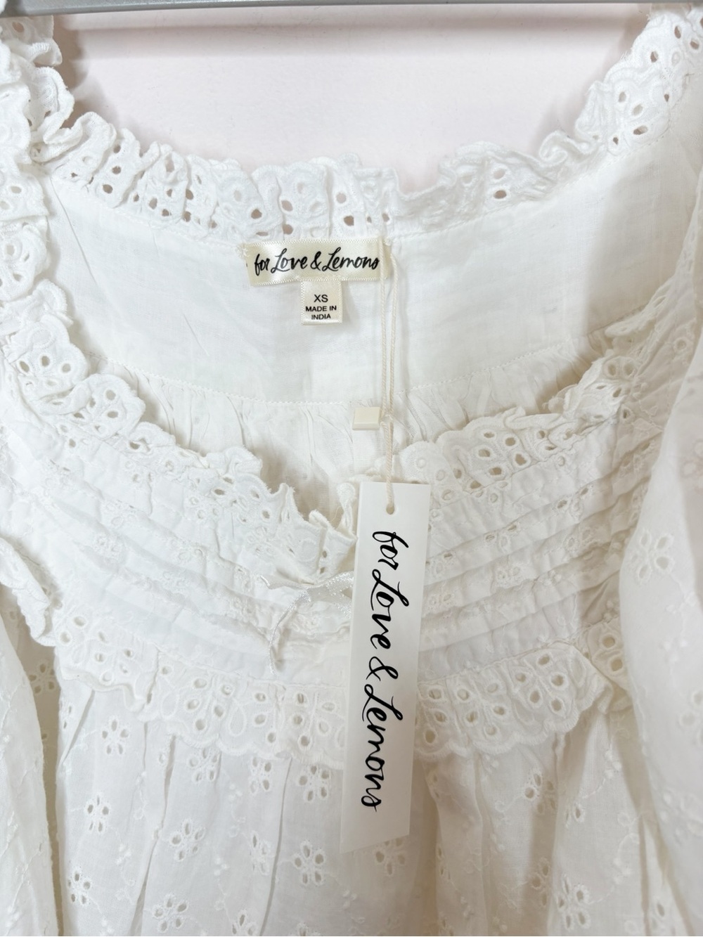 For Love & Lemons Susie Eyelet Lace Babydoll Long Sleeve Mini Dress White - Picture 4 of 7